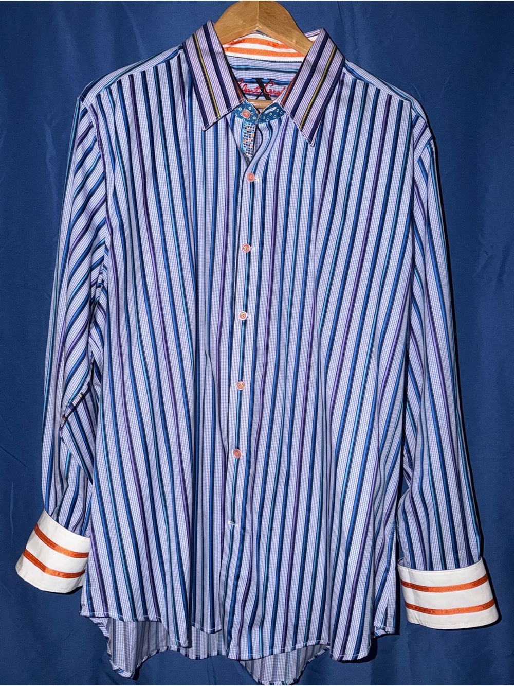 Robert Graham Multi-Stripe Blue Dress Shirt with Orange Accent